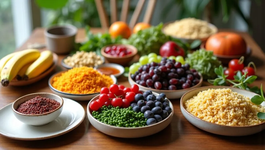 Uma_mesa_de_jantar_vista_de_cima_repleta_de_alimentos Alimentação Saudável - Nutri Amadeu